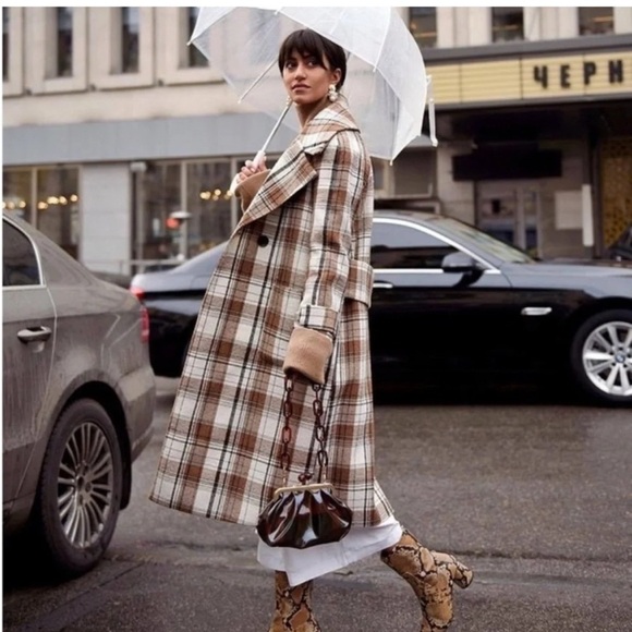 Mango MNG Long Plaid Double Breasted Check Coat Wool Blend - Picture 2 of 11